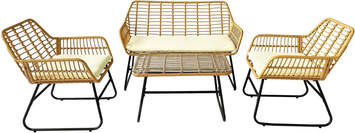 4-Piece Rattan Patio Furniture Set,Wicker Conversation Set for Garden,Porch,Yard and Poolside with White Soft Cushions