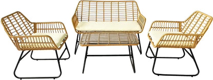 4-Piece Rattan Patio Furniture Set,Wicker Conversation Set for Garden,Porch,Yard and Poolside with White Soft Cushions