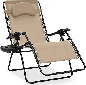 Oversized Zero Gravity Chair, Folding Outdoor Patio Lounge Recliner w/Cup Holder Accessory Tray, Pillow - Gray