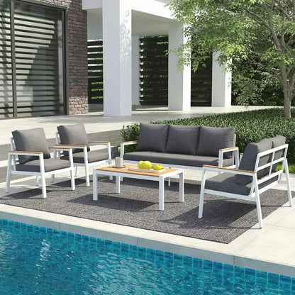 Patio Furniture Set 5 Pieces with Teak Coffee Table & Cushion, Outdoor Patio Furniture Sectional Patio Sofa