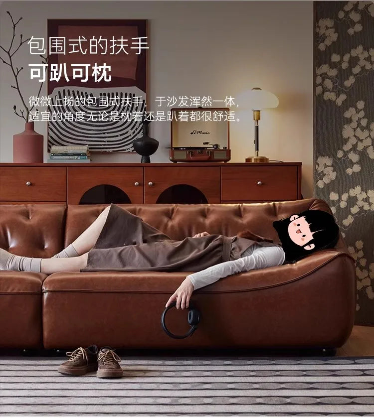 Retro oil wax leather sofa, small apartment living room straight row sofa, large sitting depth movable backrest medium ancient