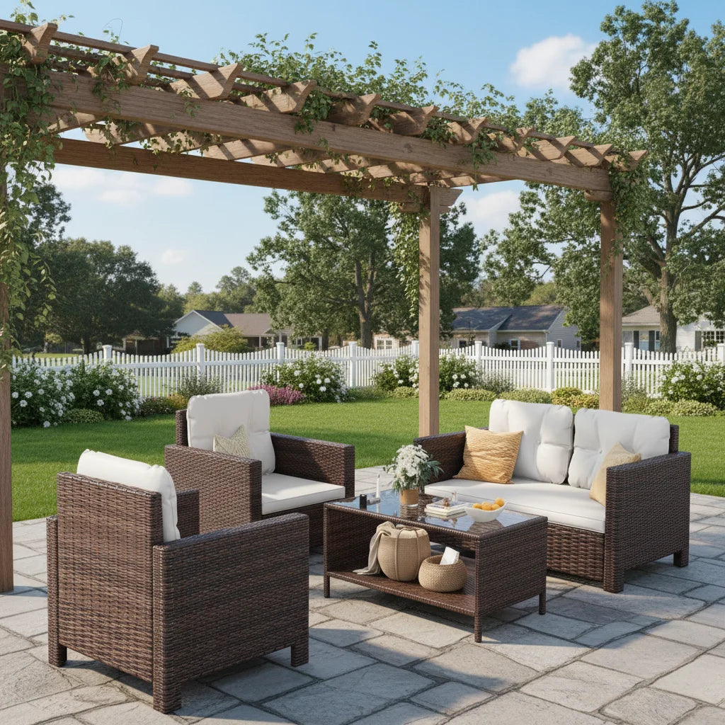 4-Piece Rattan Patio Furniture Set with Cushions and Glass Table for Outdoor Indoor Use