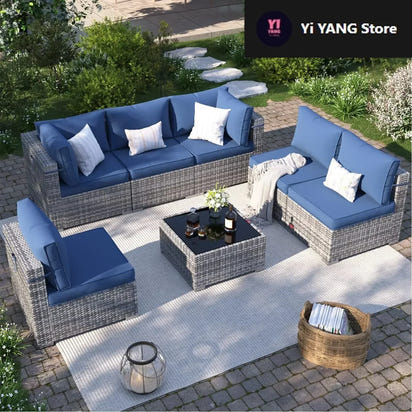 Patio Furniture Set,, All-Weather Wicker Patio Conversation Sets for Backyard (Grey with Navy Cushion)