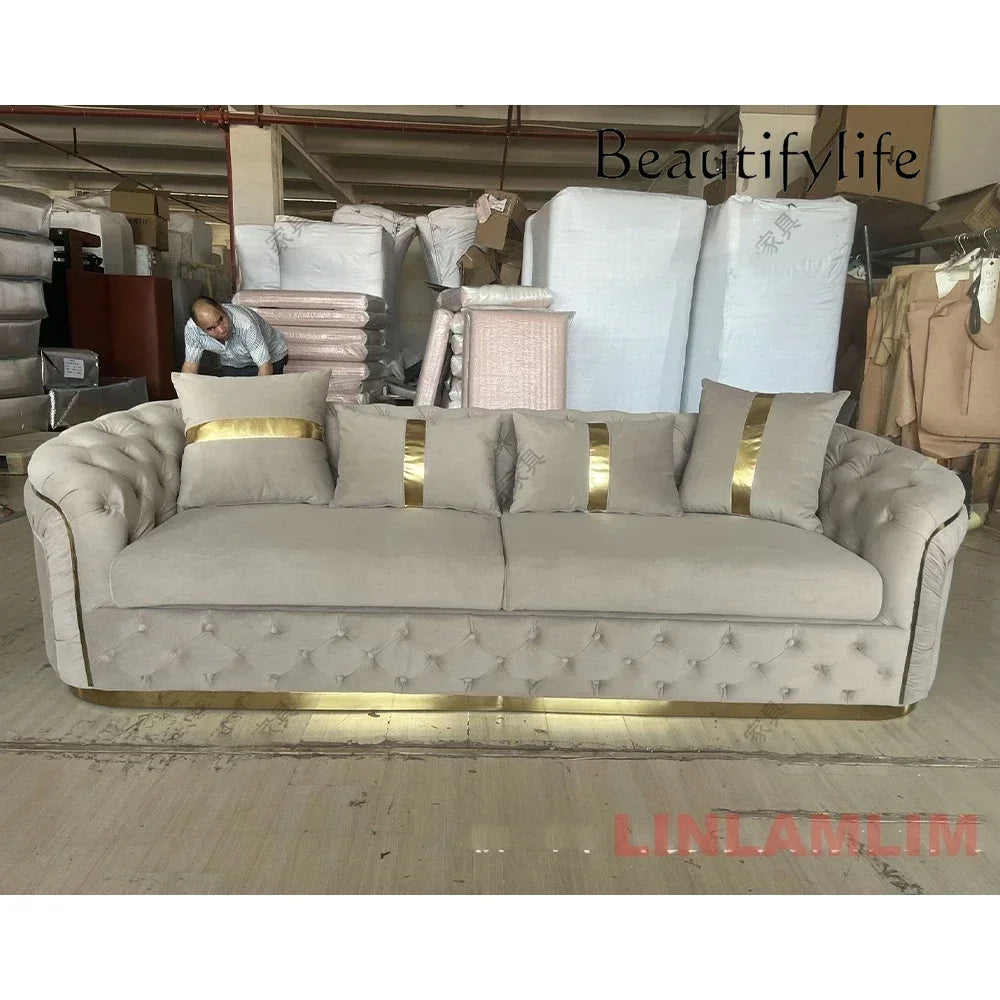 A Luxury Chesterfield Sectional Sofa Set With Cloth Buttons And Fabric Modular Couch With Gold Stainless Steel Base, 3-seater So