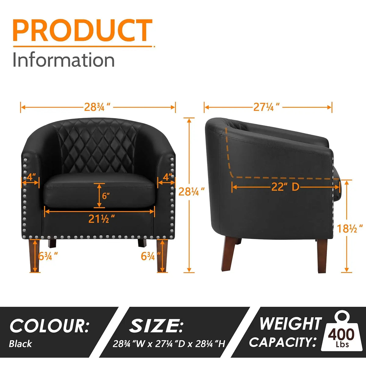 Barrel Chair Set Of 2, Comfy Accent Chair, Faux Leather Living Room Chairs Club Chair With Cushion, Nailhead Trim And Diamond