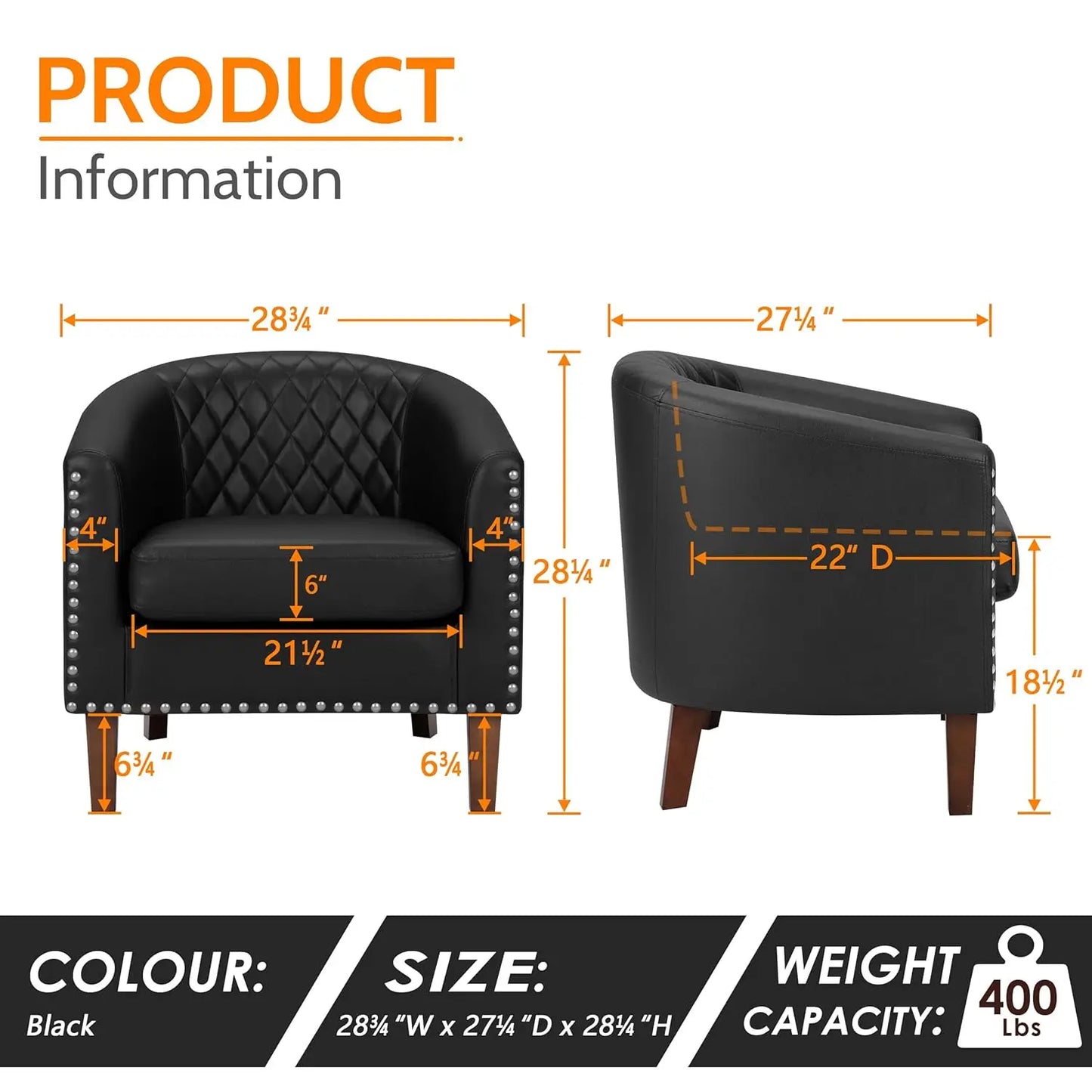 Barrel Chair Set Of 2, Comfy Accent Chair, Faux Leather Living Room Chairs Club Chair With Cushion, Nailhead Trim And Diamond