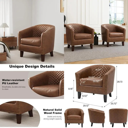 Upholstered Faux Leather Club Chair with Nailed Trim, Comfortable Reading Armchair for Living Room and Bedroom Reception