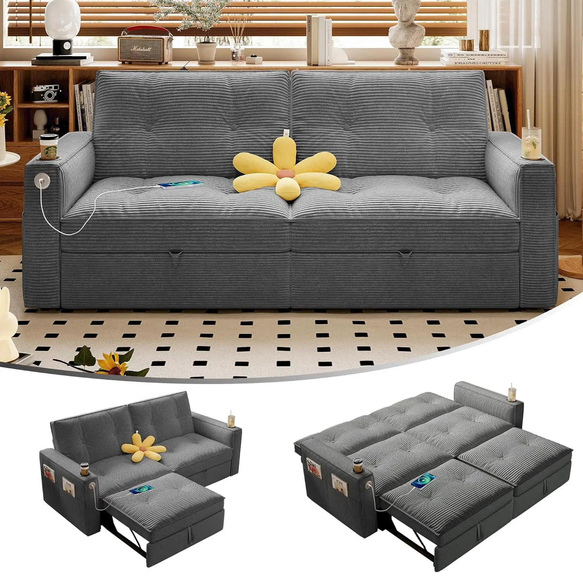 Queen Size Sofa Bed Loveseat 73'' Convertible 2 Seater with Pull out Bed Pockets And USB Ports Modern Design Customizable