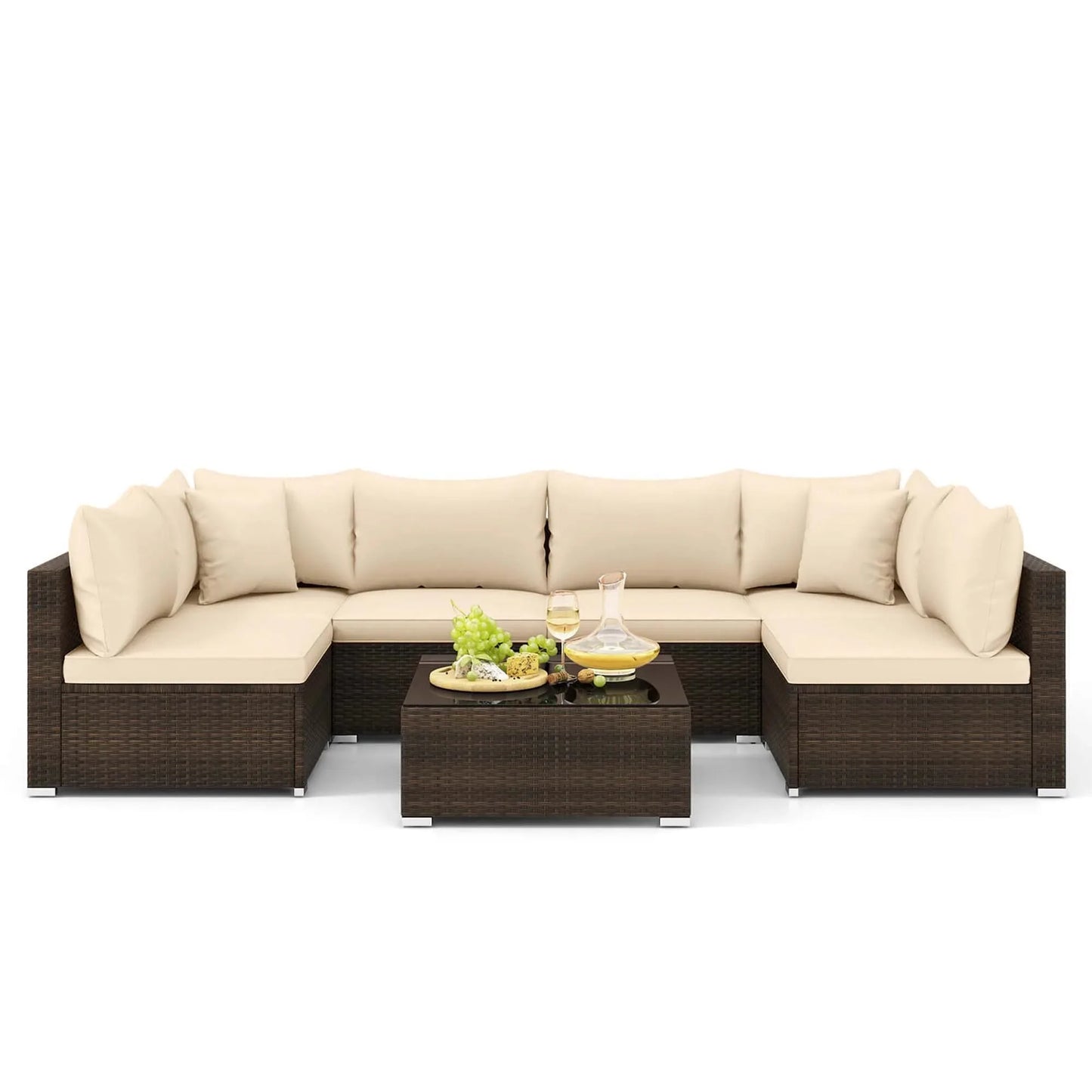 Hot Sale Item 7 PCS Patio Rattan Furniture Set Sectional Sofa Cushioned Garden Brown