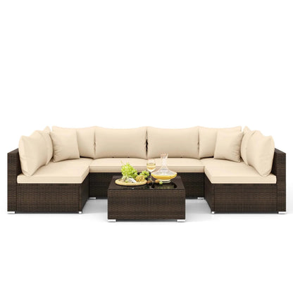 Hot Sale Item 7 PCS Patio Rattan Furniture Set Sectional Sofa Cushioned Garden Brown