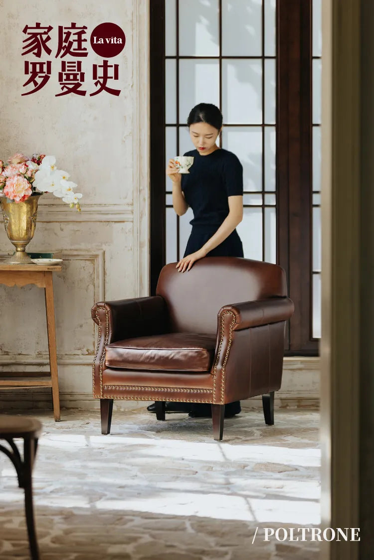 Retro oil wax leather leisure chair medieval living room tiger chair American single chair