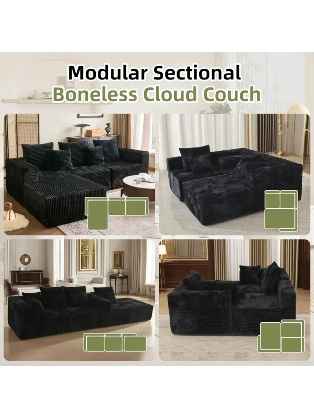 108'' Sectional Couches for Living Room, Boneless Cloud Couch, L Shaped Couch w/Stripe, Modular Sectional Sofa w/Flannel Fabrics