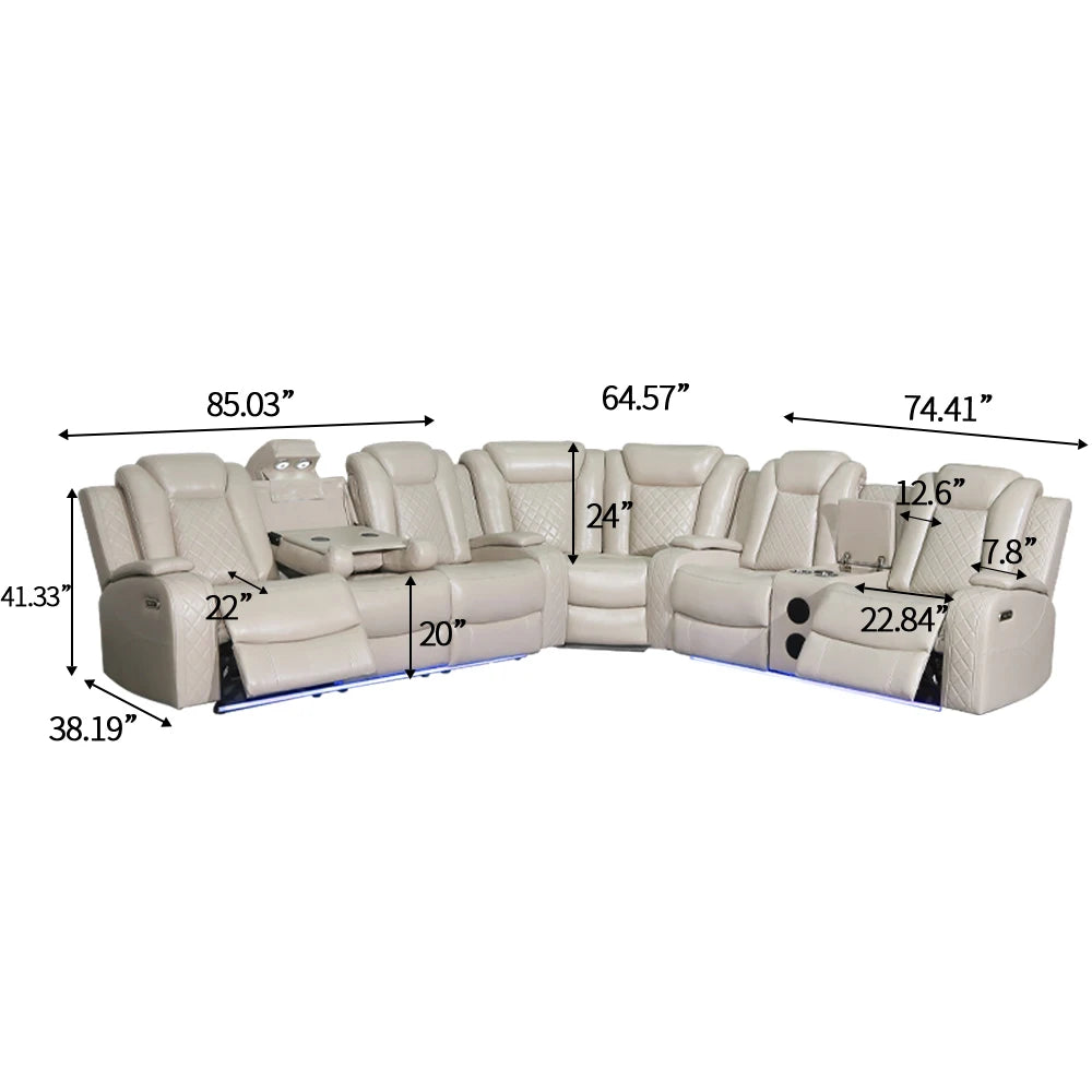 Power Reclining Sofa Couch with Wireless Charger 3 Seaters Recliner  Reading Light Leather Bluetooth Speaker Theater Seating LED