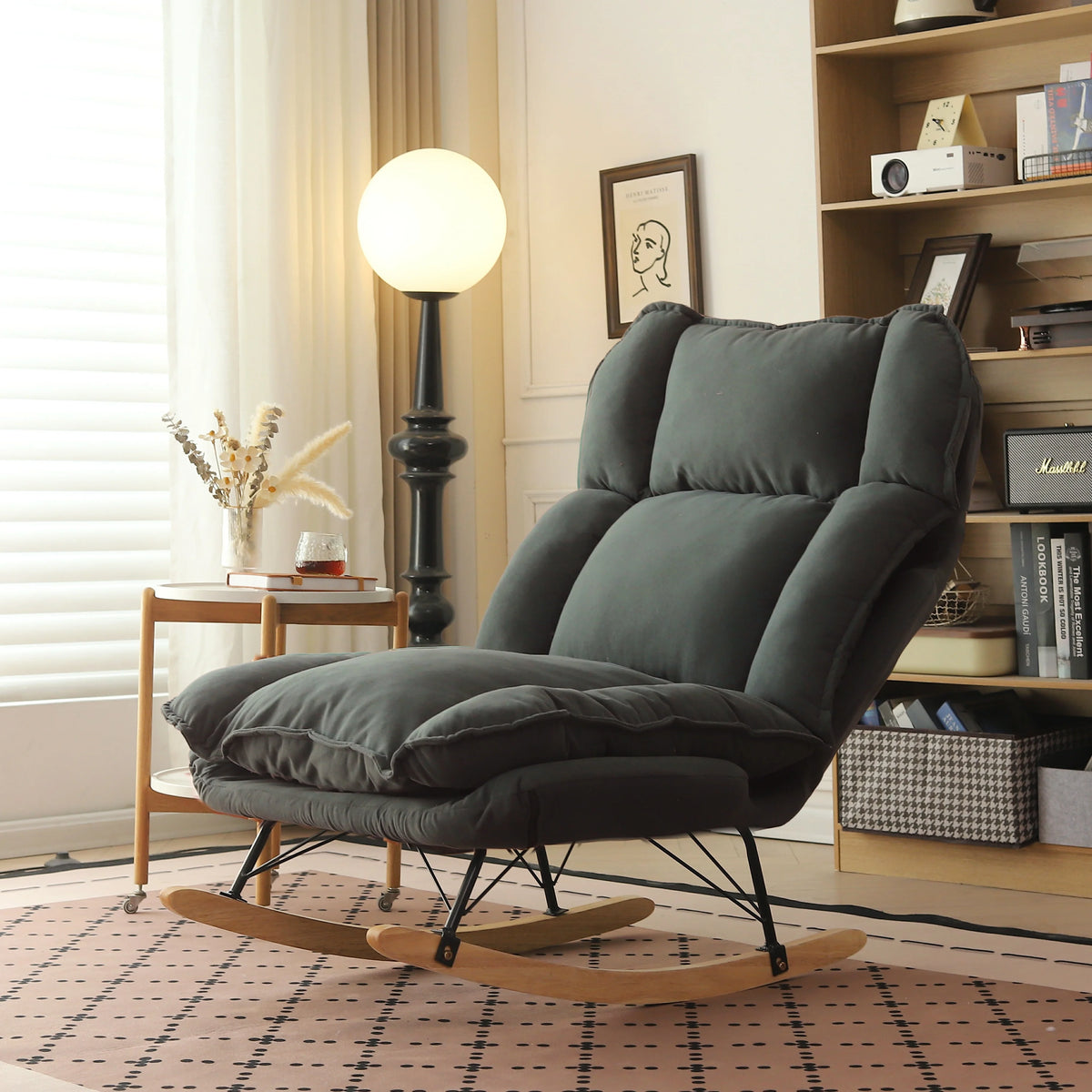 Memory Foam Rocker - Convertible Lounge Chair with Storage Pocket, Breathable Linen Recliner