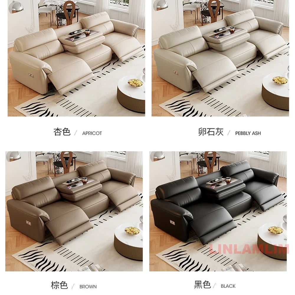 MINGDIBAO Modern Recliner Sofa with Hidden Foldable Tray Table and USB – Italian Genuine Leather Sectional Couch for Living Room