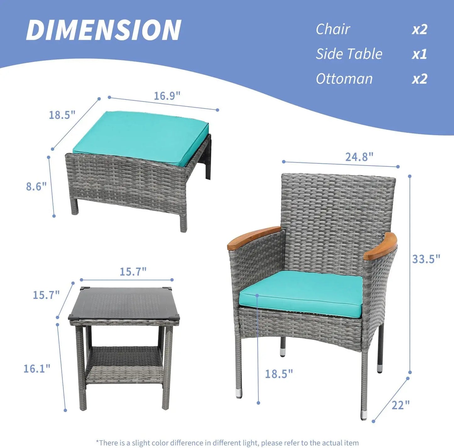 5 PCS Outdoor Patio Set with Table & Ottoman, Gray Wicker & Green Cushion Bistro Furniture