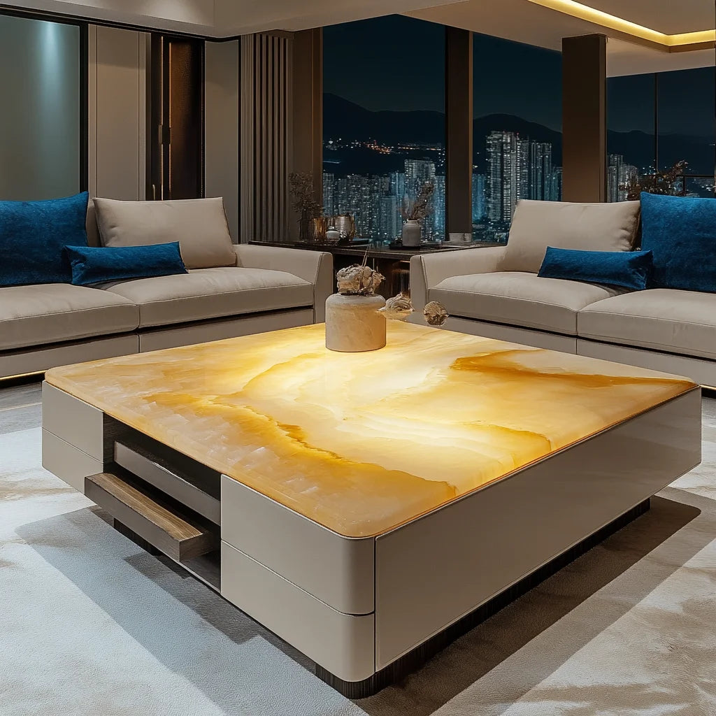 High-quality luminous jade coffee table living room custom square modern design luxury stone light luxury villa