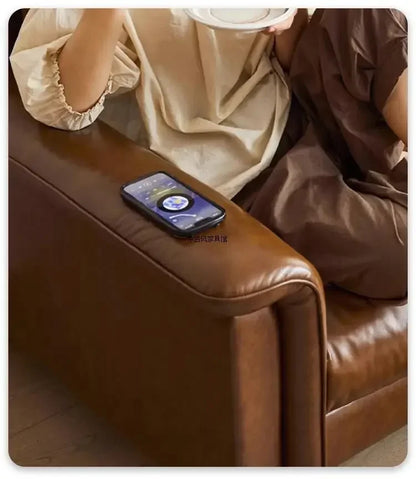 TTTTMedieval Oil Wax Leather Creative Sofa Living Room Retro Old Caramel Color Large Straight Row Sofa