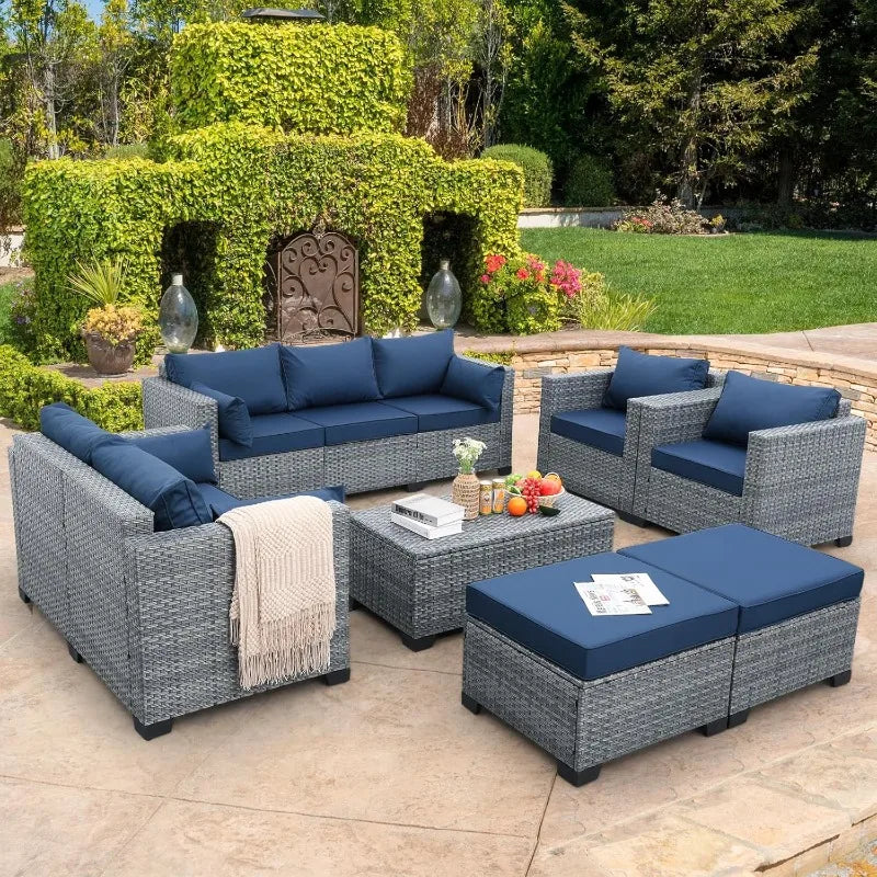 7 Piece Wicker Patio Furniture Sets Outdoor Conversation Set, PE Rattan Sectional Sofa Couch with Storage Table and Non-Slip Nav