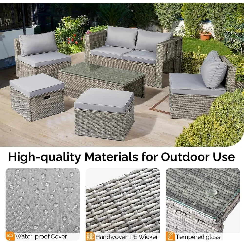 6-Piece Outdoor Wicker Sectional Furniture Set ，Space-Saving Design and Ottomans for Patio Conversation Area