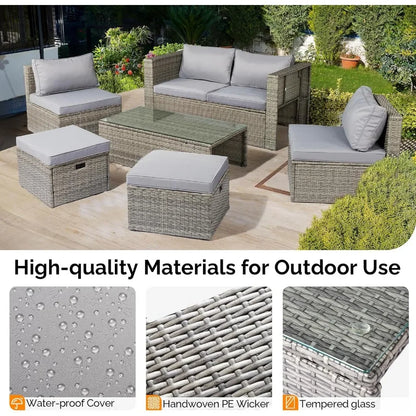 6-Piece Outdoor Wicker Sectional Furniture Set ，Space-Saving Design and Ottomans for Patio Conversation Area