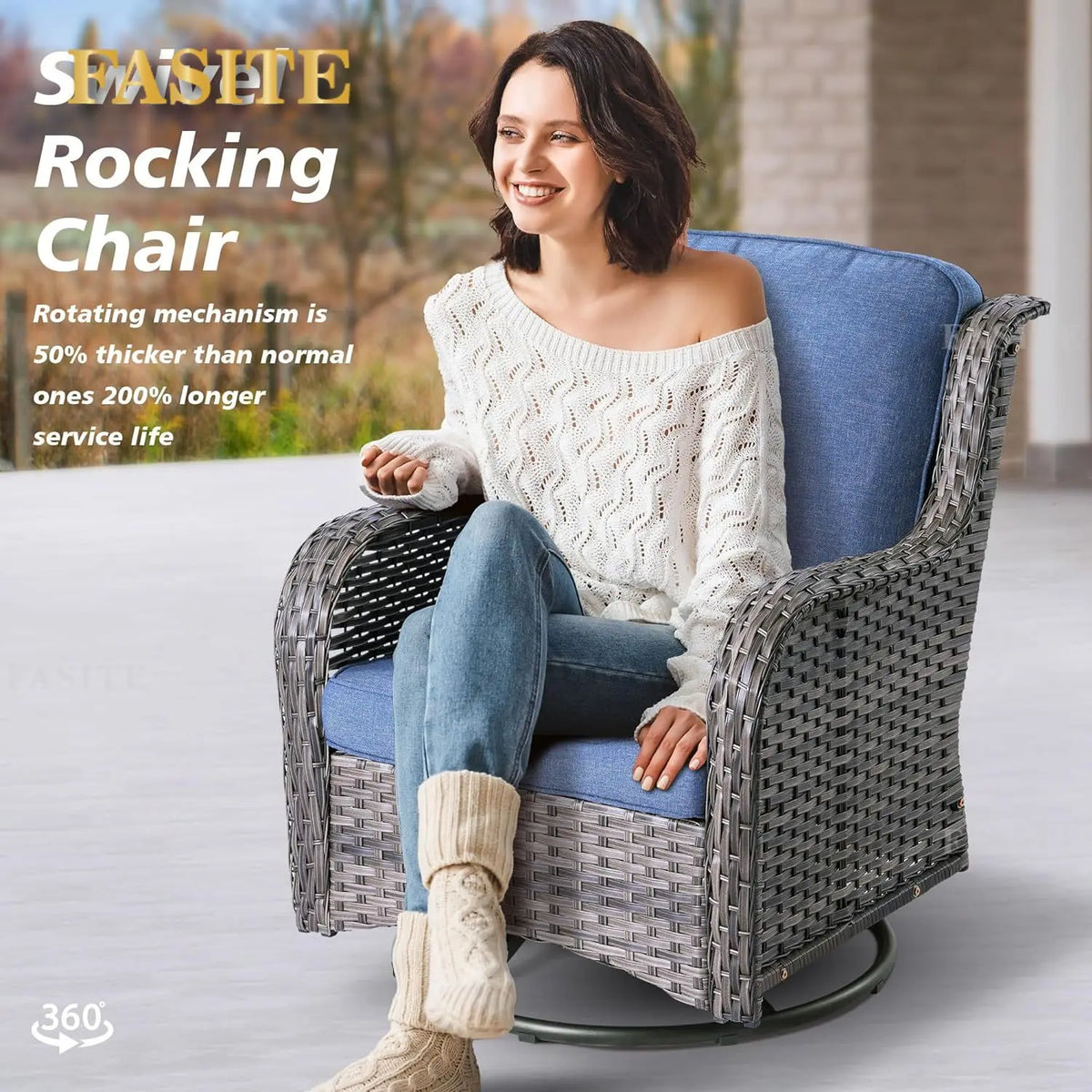 50,000 BTU Rectangular Propane Fire Pit Table 7-Piece High-Back Conversation Sofa and Matching Side Table,Grey Rattan Denim Blue