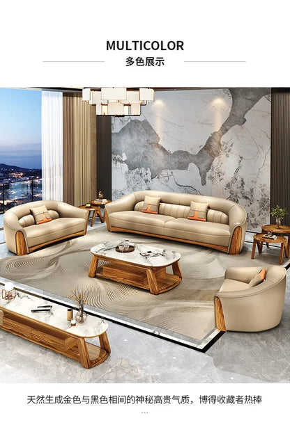 New Chinese Style Ugyen Wood Leather Sofa Large Apartment Combination New Furniture