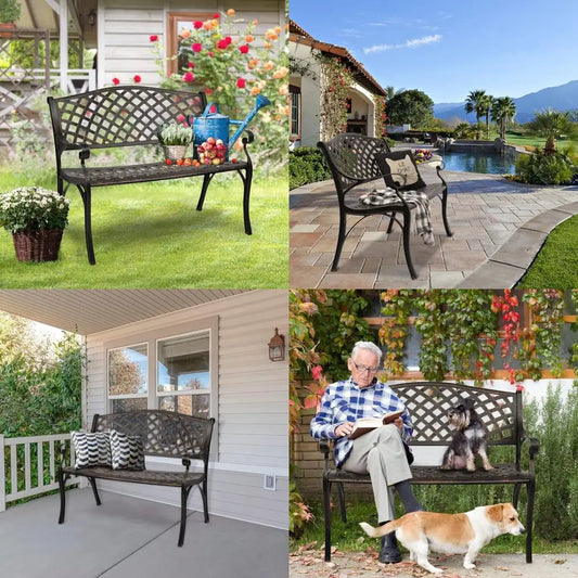 40.5 Outdoor Cast Iron Garden Bench, Rust-Resistant for Patio, Yard, Deck, and Entryway (Brown)