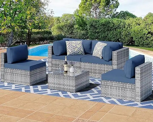 7 Pieces Outdoor Patio Sectional Sofa Couch, Silver Gray PE Wicker Furniture Conversation Sets with Washable Cushions & Glass C
