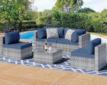 7 Pieces Outdoor Patio Sectional Sofa Couch, Silver Gray PE Wicker Furniture Conversation Sets with Washable Cushions & Glass C