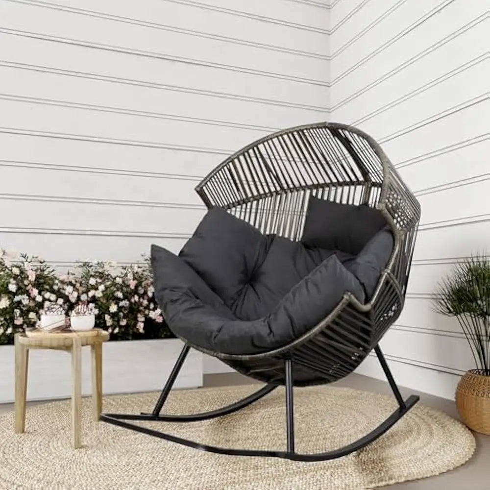 Wicker Egg Chair, Oversized Outdoor Indoor Rocking Chairs, Large PE Rattan Rocking Chair with Cushion for Patio, Balcony