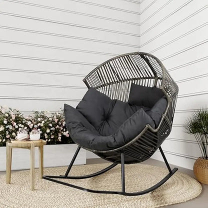 Wicker Egg Chair, Oversized Outdoor Indoor Rocking Chairs, Large PE Rattan Rocking Chair with Cushion for Patio, Balcony