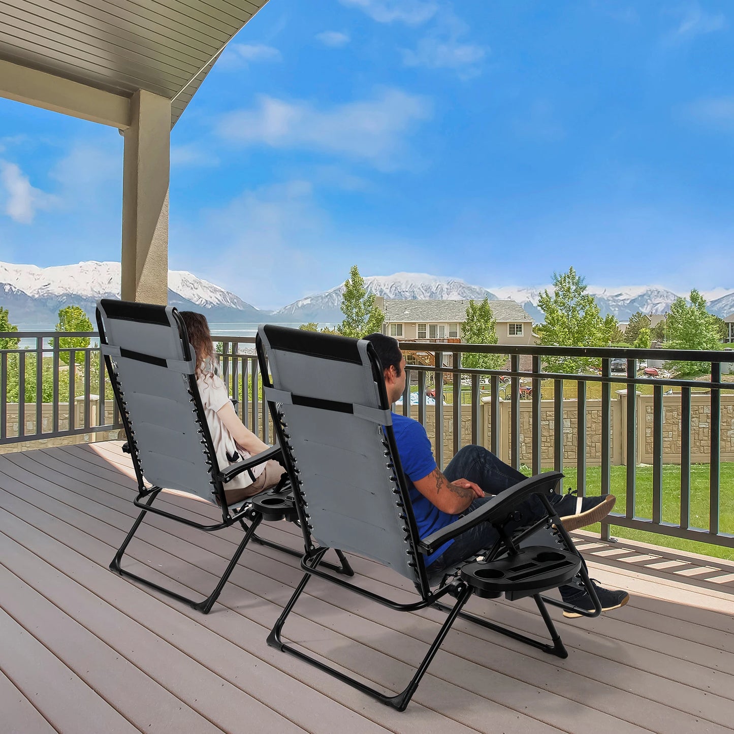 Padded Zero Gravity Lounge Chair Folding Patio Recliner with Adjustable Headrest & Cup Holder, Support 160kg Sun Loungers