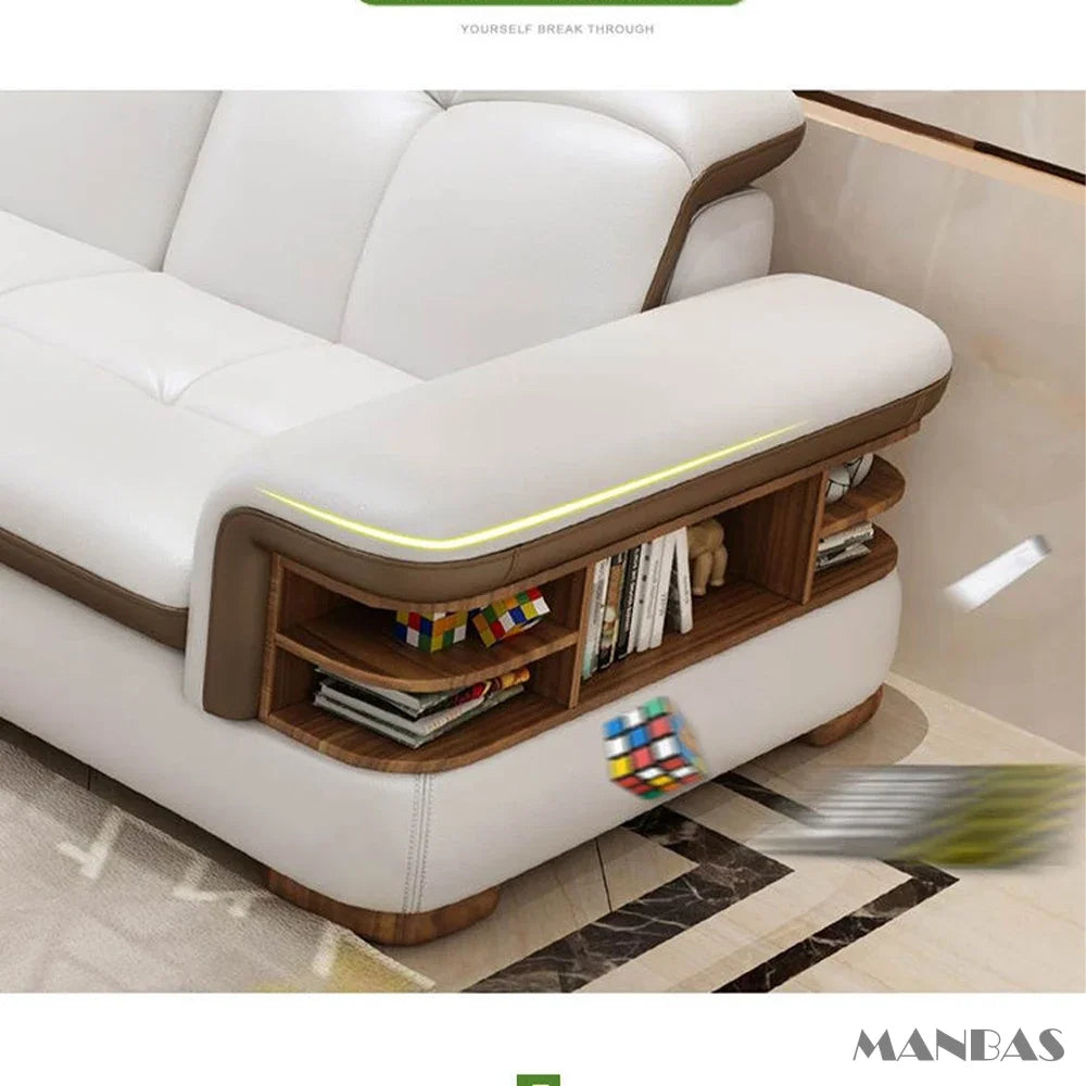 Luxury L-Shaped Genuine Leather Sectional Sofa Sets with USB, Bluetooth Speaker - MANBAS Living Room Italian Leather Couches