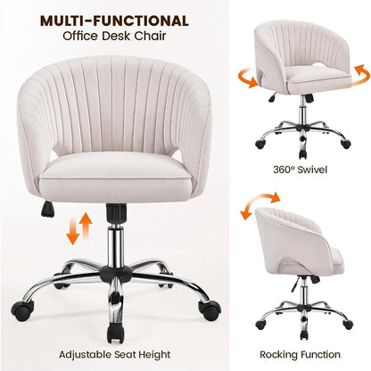 Cute Desk Chair Velvet Vanity Chair with Wheels Home Office Upholstered Modern Swivel Armchair with Tufted Barrel Back for Stud