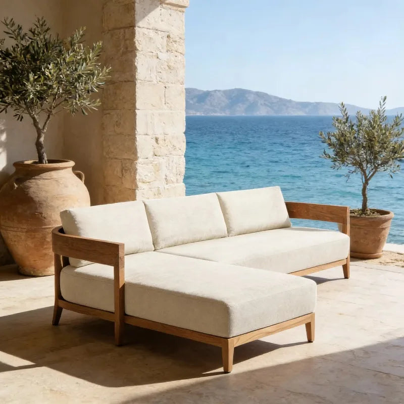 Luxury Teak Chaise Lounge and Sofa Set with All-Weather Cushions for Resort Villa Patio and Garden Lounge