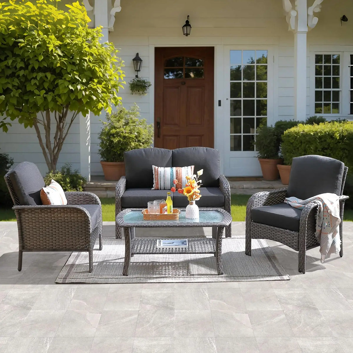 4-Piece Patio Furniture Set, Outdoor Wicker Sofa with Chairs Coffee Table, High Back Rattan Couch Loveseat with, Customized