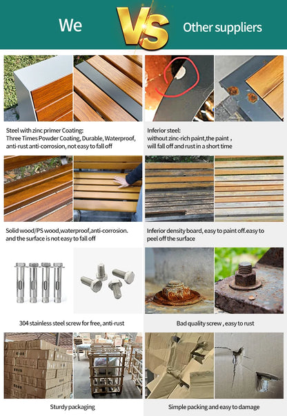 Banc urbain en métal au design moderne, mobilier de rue en bois pour parcs et lieux pour utilisation sur patio