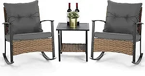 Wicker Rocking Chairs for Outdoors 3 Piece, Patio Rocking Chairs Set of 2, Patio Furniture Set, Small Outdoor Set for Porch, Poo