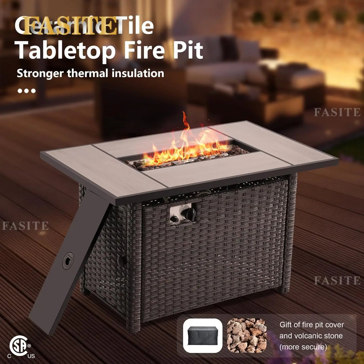 50,000 BTU Rectangular Propane Fire Pit Table 7-Piece High-Back Conversation Sofa and Matching Side Table,Grey Rattan Denim Blue