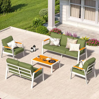 Outdoor Couch Aluminum Patio Furniture Set, All-Weather Metal 3-Seat Sofa with Solid Teak Armrest and Thick Cushions, Green