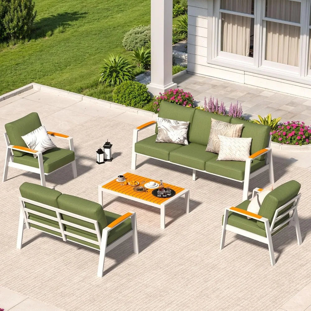 Outdoor Couch Aluminum Patio Furniture Set, All-Weather Metal 3-Seat Sofa with Solid Teak Armrest and Thick Cushions, Green