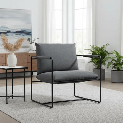 Modern Mid Century Accent Chair, Metal Frame Armchair with Shredded Foam Cushion, Upholstered Lounge Chair Dark Grey