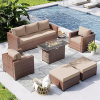 6-piece outdoor conversation sectional with 44" fire pit table and wicker rattan sofa