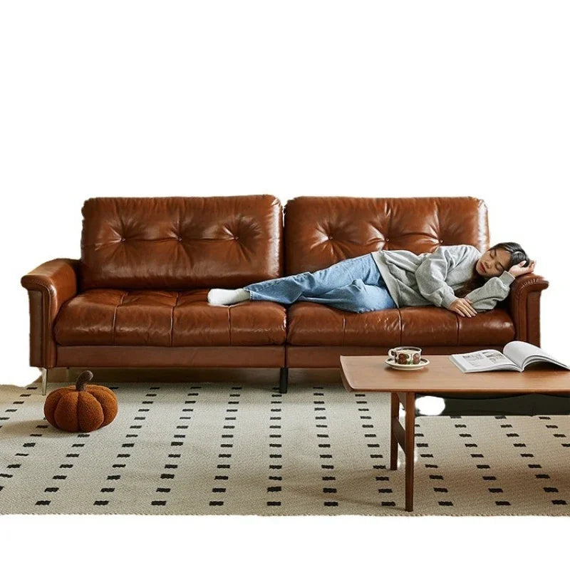 Nordic Italian light luxury medieval French plaid designer living room straight retro oil wax leather cowhide nebula sofa