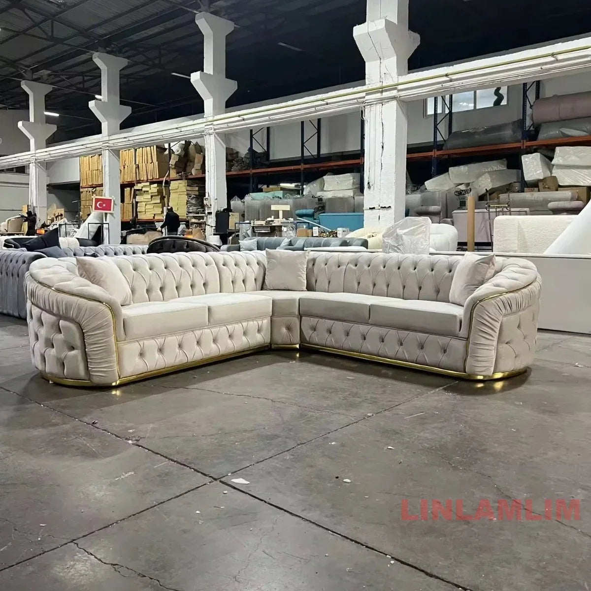 A Luxury Chesterfield Sectional Sofa Set With Cloth Buttons And Fabric Modular Couch With Gold Stainless Steel Base, 3-seater So