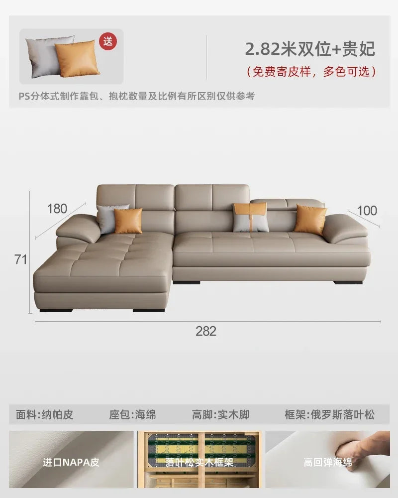 Nordic leather sofa with cowhide top layer, simple modern size, living room, Italian minimalist cream style leather sofa