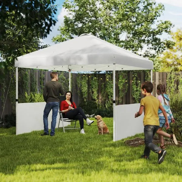 White 10'x10' Pop Up Tent UV50 Sun Protection 2 Half Sidewalls Gazebo with Wheeled Carry Bag Outdoor Use