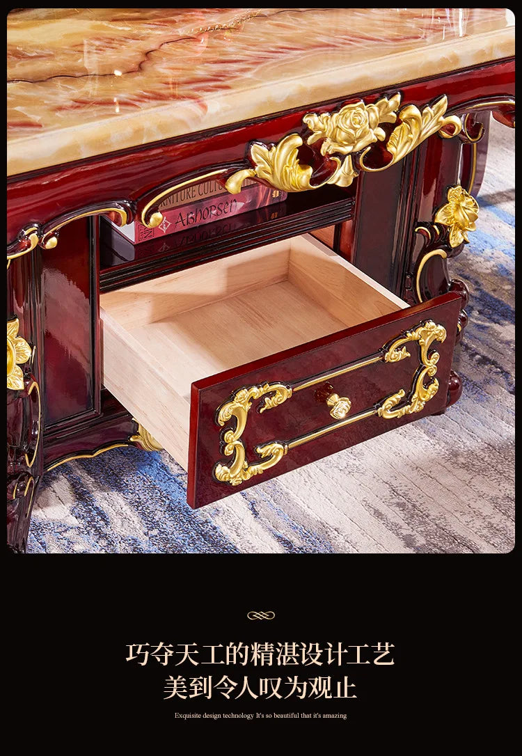 HLZ European Style Solid Wood Dining Table with Marble Top for Home Use, Villa Large Dining Table and Chair Set