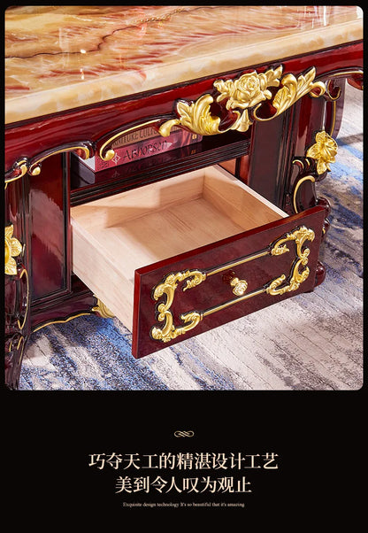 HLZ European Style Solid Wood Dining Table with Marble Top for Home Use, Villa Large Dining Table and Chair Set